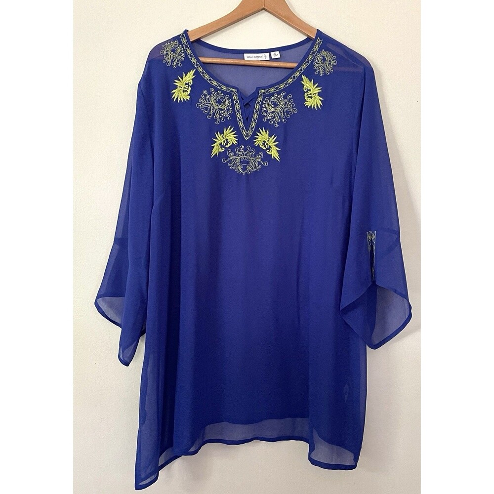 Susan Graver Sheer Embroidered Tunic Top 2X Blue Green Coastal Beach Boho Resort